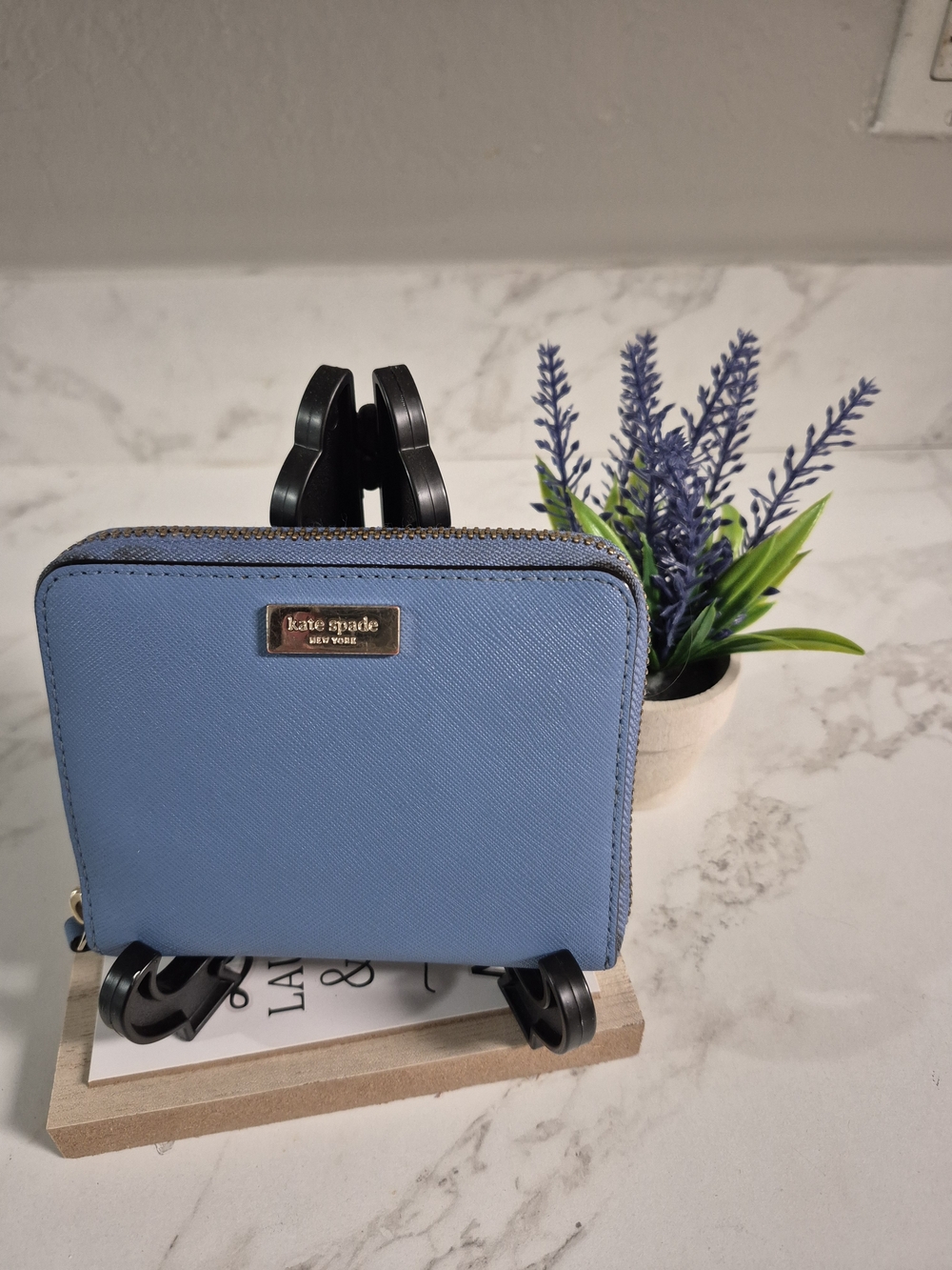 Kate Spade Blue Zip-Around Compact Wallet In Pebbled Leather